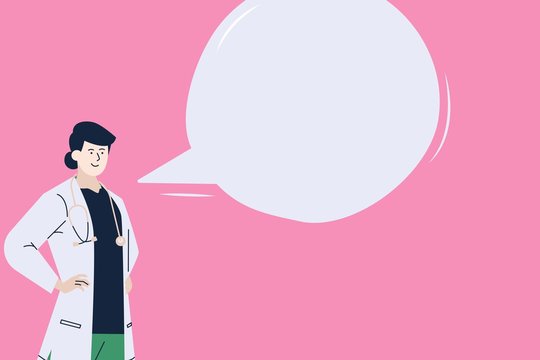 Illustration of female Health care worker showing guidelines to be followed during Corona Virus (Covid-19) disease pandemic on a pink background. Empty copy space for writing text. Concept WHO Advice