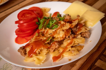 Pasta with meat and tomatoes. So tasty.