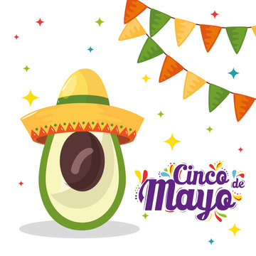 Mexican avocado with hat design, Cinco de mayo mexico culture tourism landmark latin and party theme Vector illustration
