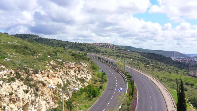 Corona Virus lockdown, Haifa Freud mountain road connecting the city lower west area to Central Carmel, with no traffic due to government guidelines, Aerial view.