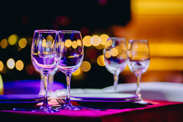 Wine glasses in restaurant with blurred background