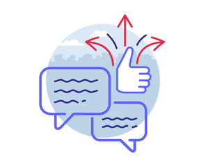 Inflated popularity of innovation or emerging technologies in society. Speech bubbles, the symbol like and arrows up on cityscape. Concept of hype.