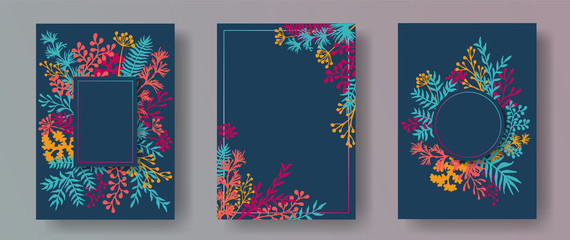 Simple herb twigs, tree branches, flowers floral invitation cards set. Bouquet wreath retro cards design with dandelion flowers, fern, lichen, olive tree leaves, sage twigs. © SunwArt