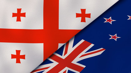 The flags of Georgia and New Zealand. News, reportage, business background. 3d illustration