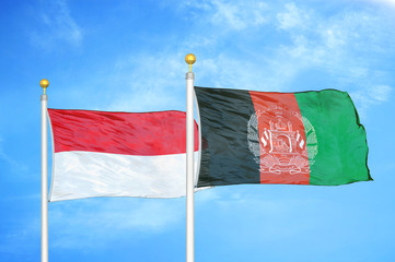 Indonesia and Afghanistan two flags on flagpoles and blue cloudy sky
