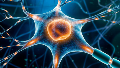 Neuron cell close-up 3D rendering illustration with nervous impulses along dendrites, axon, soma and nucleus. Neuronal brain activity, neuroscience, neurology, anatomy, medicine concepts.