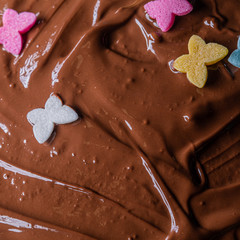 Chocolate cake with sweet decoration butterflies close up still