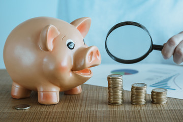 Female hand holds magnifying glass over the coin towers and looks at the money growth. Piggy bank and development graphics are on the table. Investments and savings concept.