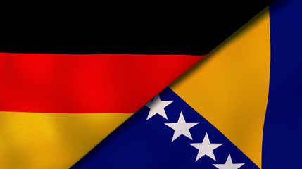 The flags of Germany and Bosnia and Herzegovina. News, reportage, business background. 3d illustration - obrazy, fototapety, plakaty