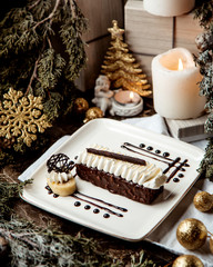 chocolate dessert with cream topping