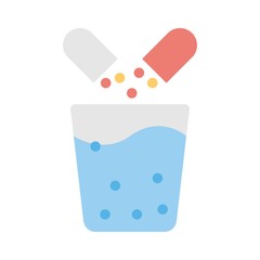 Medical pill capsule and a glass of water. Vitamin, medicine or effervescent drug sign.