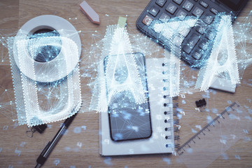 Multi exposure of technology theme drawing over work table desktop. Top view. Global data analysis concept.