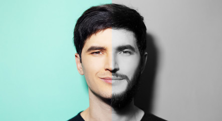 Before and after portrait of young shaved and unshaved guy. Half photo in black and white and other...