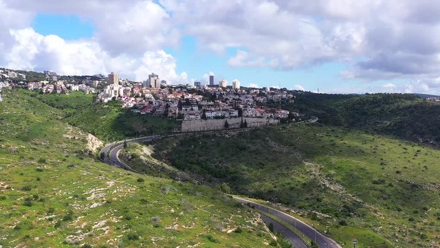 Corona Virus lockdown, Haifa Freud mountain road connecting the city lower west area to Central Carmel, with no traffic due to government guidelines, Aerial view.