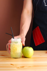 apple lemonad. non alcoholic citrus summer drinks with citrus on wooden table. Deliciouse nature summer refreshing drink in glass. lemonad concept.