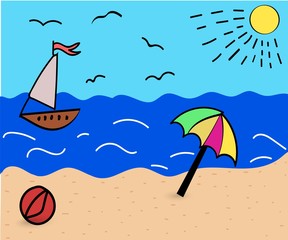 Fototapeta na wymiar Landscape of the sea coast with an umbrella and a yacht on the sea, drawing in a funny cartoon style