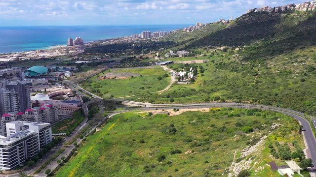 Corona Virus lockdown, Haifa Freud mountain road connecting the city lower west area to Central Carmel, with no traffic due to government guidelines, Aerial view.