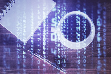 Double exposure of technology theme drawing over work table desktop. Top view. Global data analysis concept.