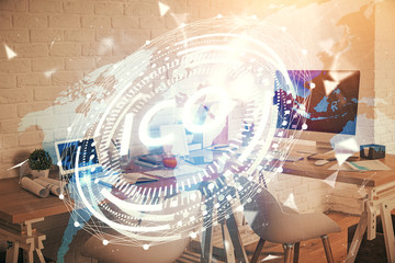 Fototapeta premium Double exposure of crypto technology theme drawing and office interior background. Concept of blockchain.