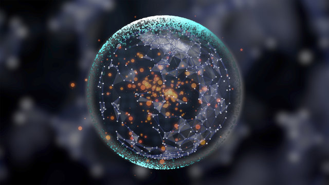 3d render floating transparent globe with fiery shining particles and magic dust fluctuating inside over dark background.