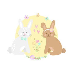 Fototapeta premium Cute bunnies vector illustration graphic. Hand drawn rabbits in love, sitting next to each other with flowers and butterflies around them. Spring greeting card print, isolated.