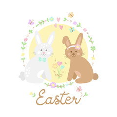 Cute easter bunnies vector illustration. Hand drawn rabbits in love, sitting next to each other with flowers and butterflies in circle around them. Spring greeting card with handwriting.