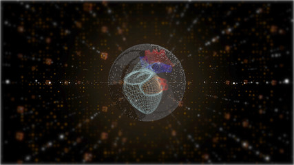 3D holographic heart inside futuristic tunnel with cube frames floating around.