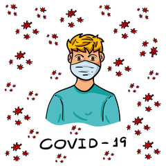 Vector of A Man Wearing a Protective Mask to Protect Covid-19 or Corona Virus Outtbreak