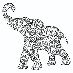 elephant drawn with floral ornaments on a black background, coloring, vector