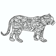 tiger drawn with floral ornament on a black background, coloring, vector