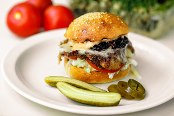 burger steak with spatula, mozzarella with onion and American sauce with cucumbers and jalapeno