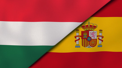 The flags of Hungary and Spain. News, reportage, business background. 3d illustration