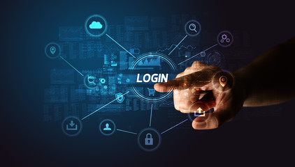 Obraz premium Ręką dotykając napis Zaloguj, koncepcja cyberbezpieczeństwa