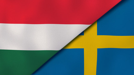 The flags of Hungary and Sweden. News, reportage, business background. 3d illustration
