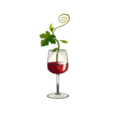 Vine shoot growing from a wineglass on isolated white background for beverage or food topic, vector illustration for logos and prints on types of clothes, covers of notebooks, stickers or design