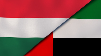 The flags of Hungary and United Arab Emirates. News, reportage, business background. 3d illustration
