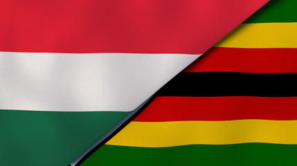 The flags of Hungary and Zimbabwe. News, reportage, business background. 3d illustration