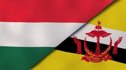 The flags of Hungary and Brunei. News, reportage, business background. 3d illustration