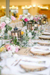 Wedding dining table and colorful flowers. Wedding day and wedding dining table.