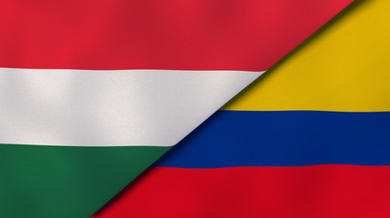The flags of Hungary and Colombia. News, reportage, business background. 3d illustration