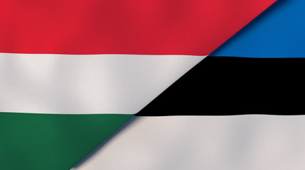 The flags of Hungary and Estonia. News, reportage, business background. 3d illustration