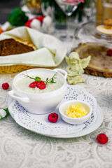 breakfast, rice porridge with butter, fruits and berries