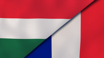 The flags of Hungary and France. News, reportage, business background. 3d illustration