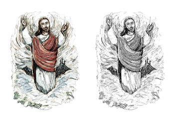 calm jesus messiah raising palm of hand in the background