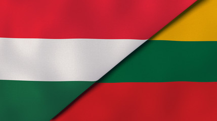The flags of Hungary and Lithuania. News, reportage, business background. 3d illustration