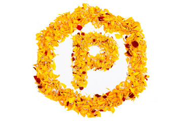 Letter P In Spring Flower Petal Hexagon. Marigold petal alphabet isolated on white background.