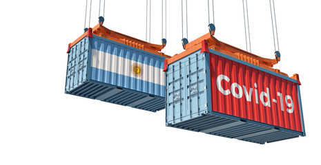 Container with Coronavirus Covid-19 text on the side and container with Argentina Flag. Concept of international trade and travel spreading the Corona virus. 3D Rendering 