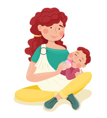 Mom feeds the baby from the bottle. Sling. Vector illustration. Mothers Day.