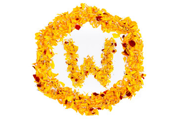 Letter W In Spring Flower Petal Hexagon. Marigold petal alphabet isolated on white background.