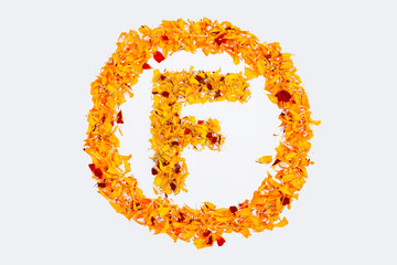 Spring Flower Letter F concept Logo. Marigold petal alphabet isolated on white background.